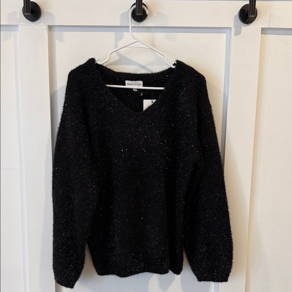GIBSON LATIMER Black Sparkle V-Neck Sweater